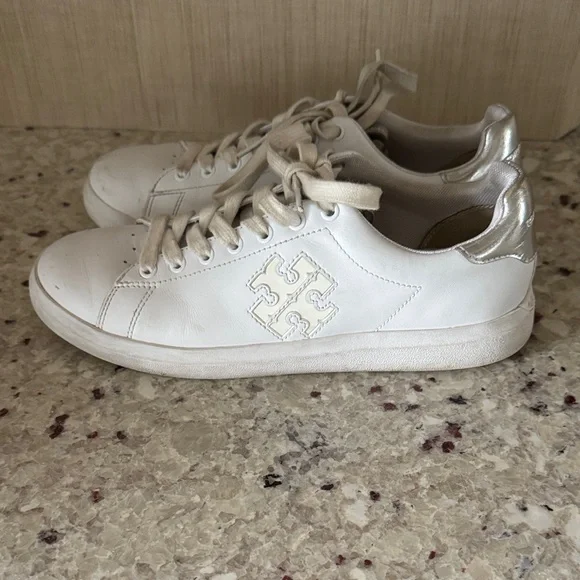 Tory Burch White Leather Sneakers with Gold Metallic Heel Accent - Picture 3 of 5